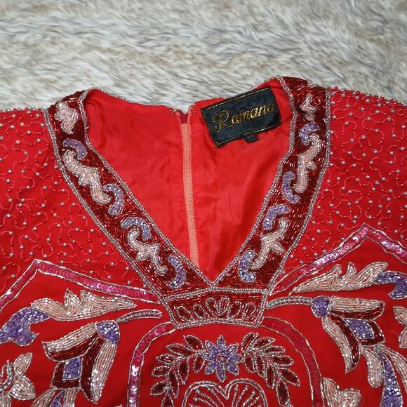 Ramana Red Beaded Sequin Silk Blend Tunic Top Size 18 Embroidered Floral Vintage - Picture 2 of 14